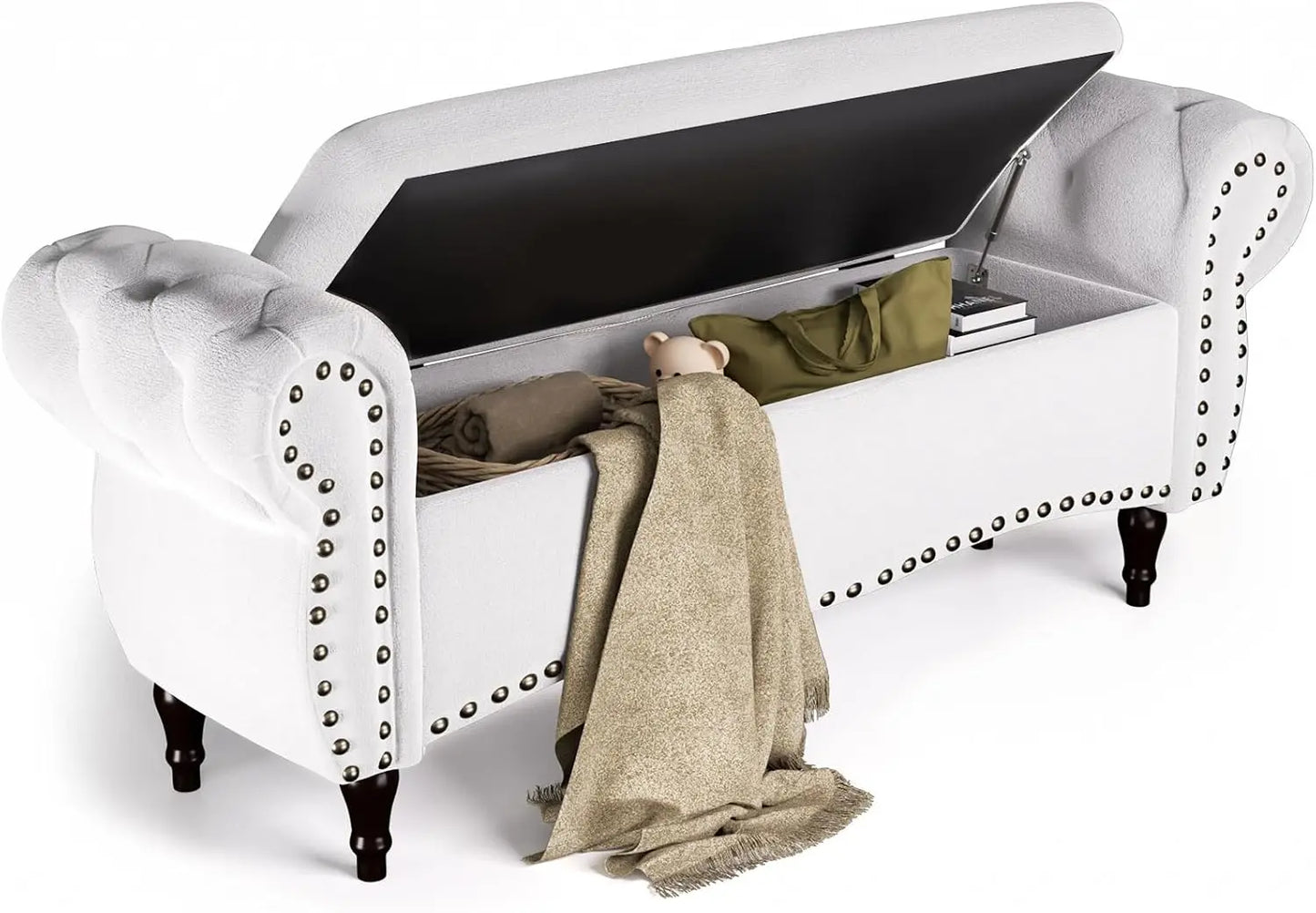 53in Storage Ottoman Bench with Safety Hinge and Nailhead Trim, End of Bed Storage Bench for Bedroom, Living Room,
