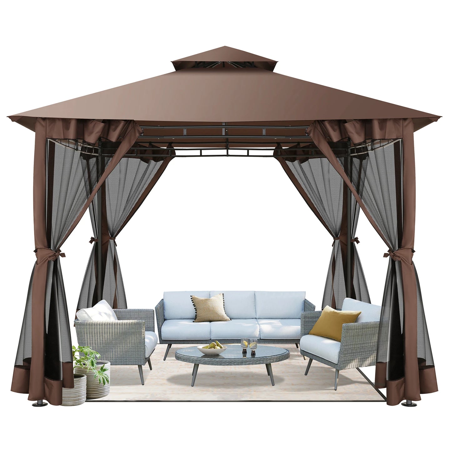 10×10 Gazebo with Cold-Proof Curtains Nettings,Heavy Duty Gazebo Double Roof with Metal Frame,Tents for Patio, Deck,Backyard