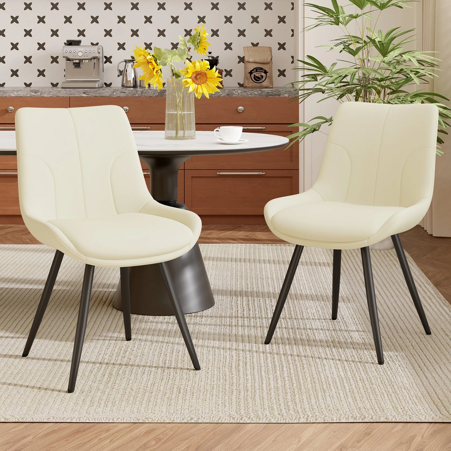 Upholstered Dining Chairs Set of 2 Modern Faux Leather Dining Room Chairs with Thick Cushion and Metal Legs