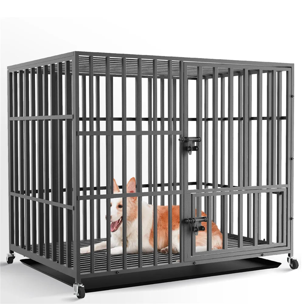 Bingopaw 37” & 46” Heavy Duty Dog Cage Metal Pet Dog Crate 3 Doors Locks Design Kennel Playpen with 4 Wheels Removable Tray