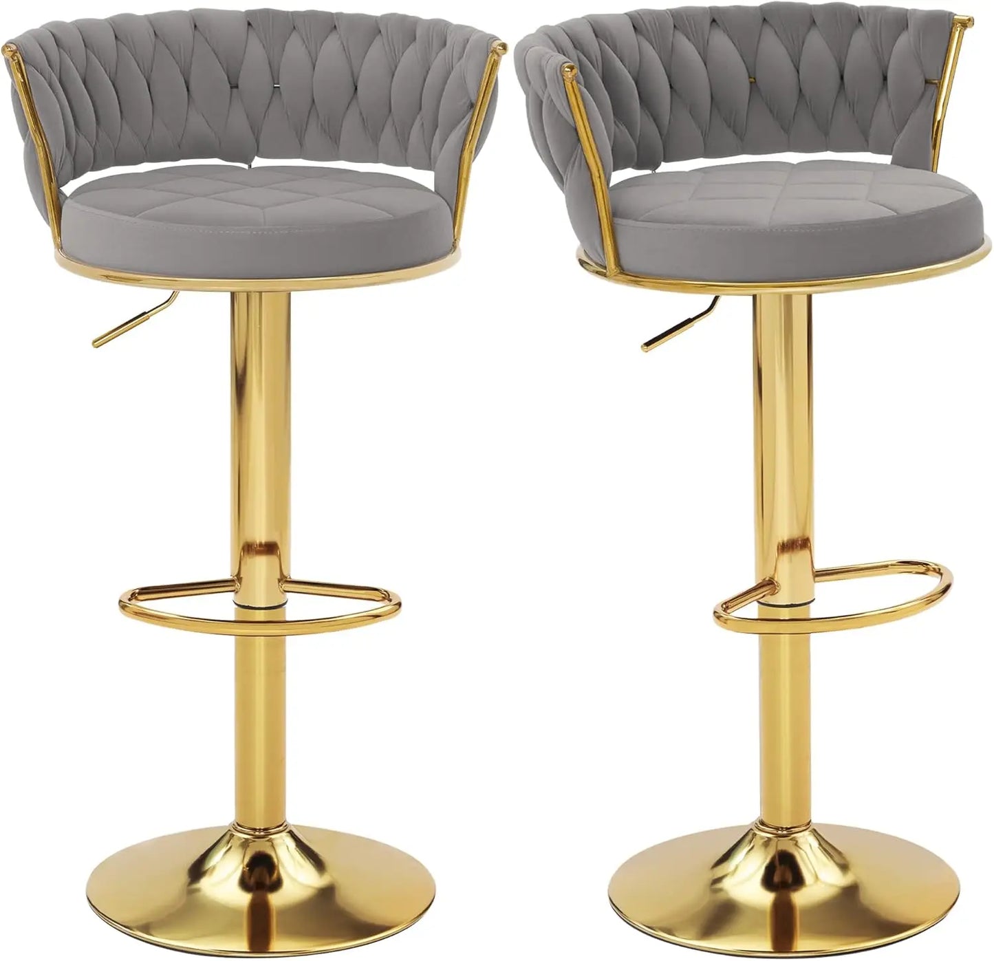 Velvet Adjustable Bar Stools Set of 2, Max Load 400 Lbs, Modern Upholstered Swivel Barstools with Woven Back, Footrests, Adjust