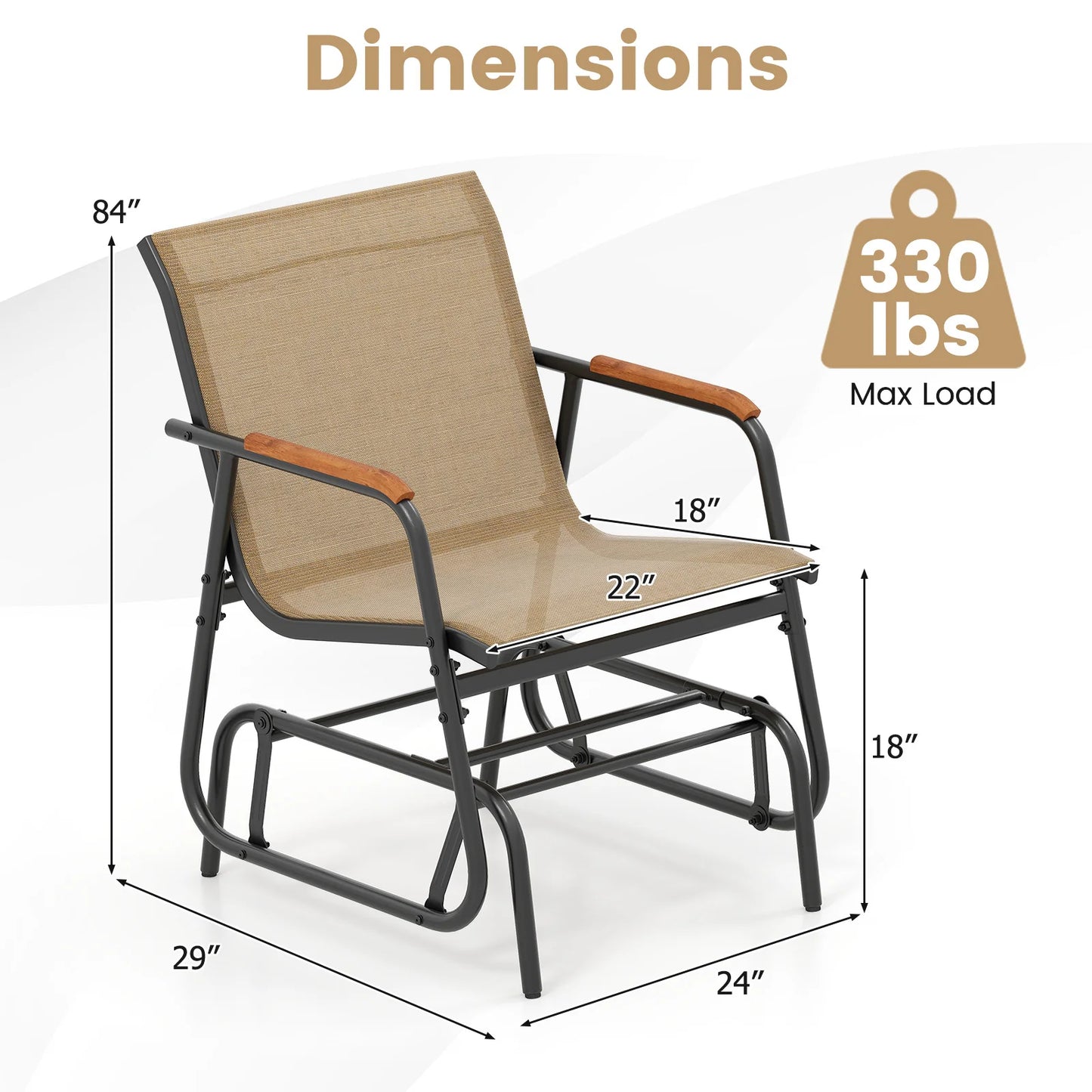 Patio Glider Chair Set of 2 w/ Curved Teak Armrests & Breathable Fabric Seat