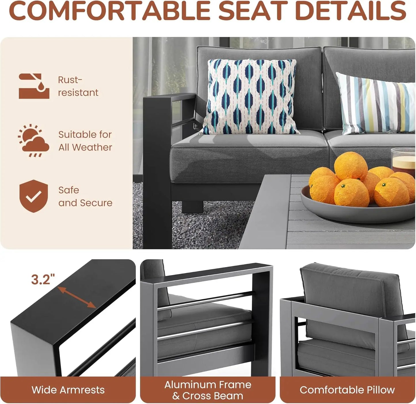 7 Seats Patio Furniture Set, Metal Sectional Sofa with Upgrade Cushion and Coffee Table, Dark Grey