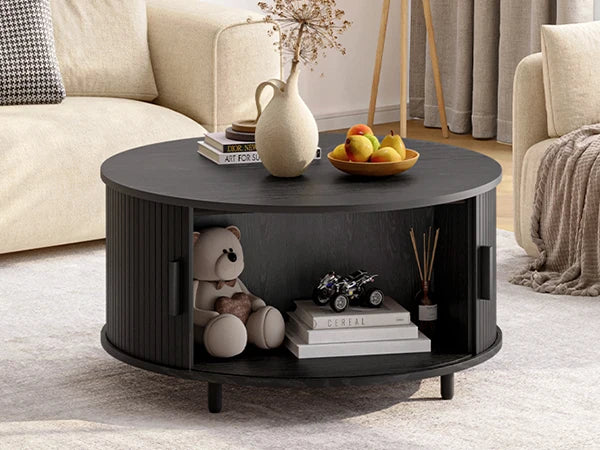 31.5" Modern Round Coffee Table with Storage with 360° Curved Sliding Door ,Fluted Wood Accent