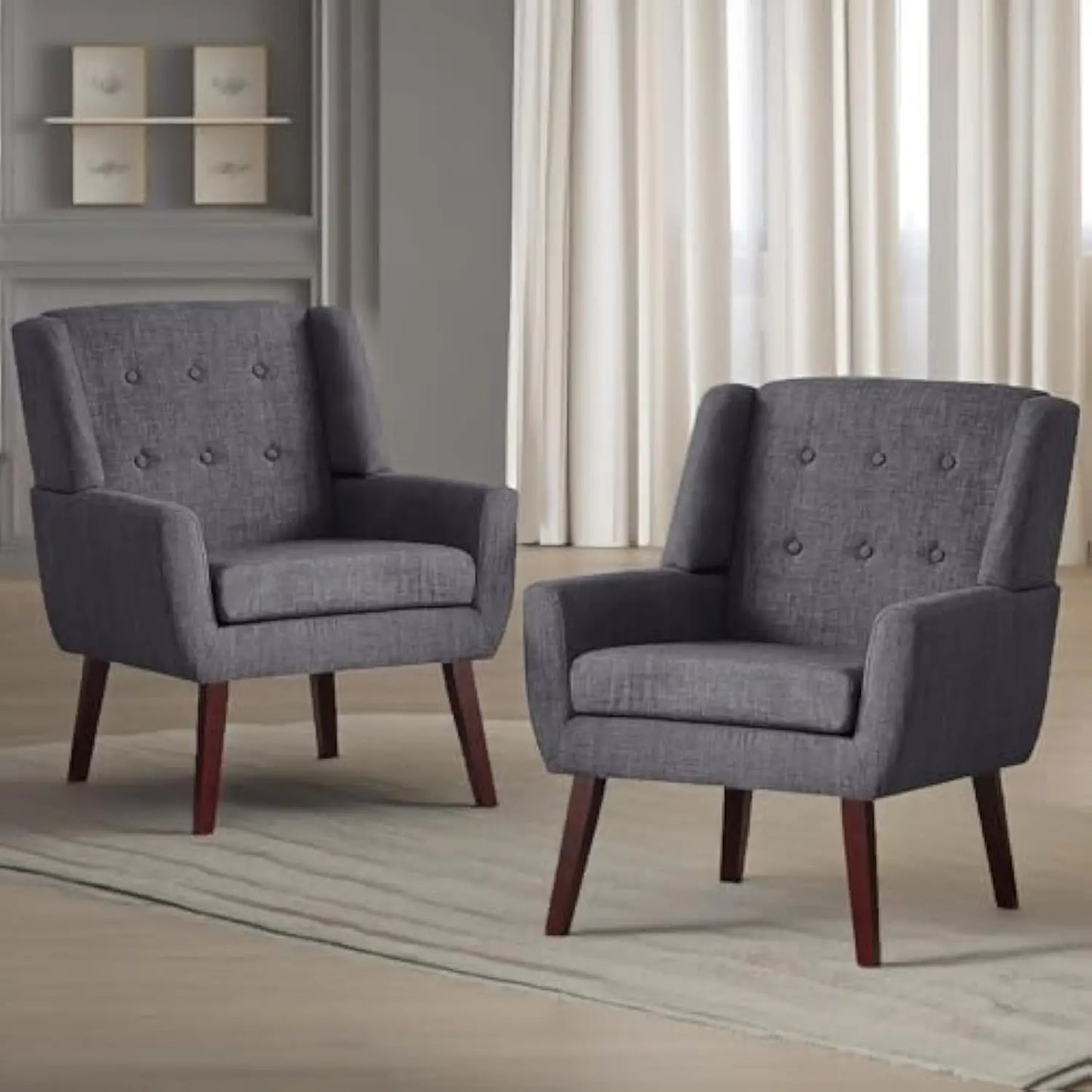 Button Tufted Accent Chairs Set of 2 Upholstered Reading Living Room Chair Mid Century Modern Chair with Linen Fabric Club Chair