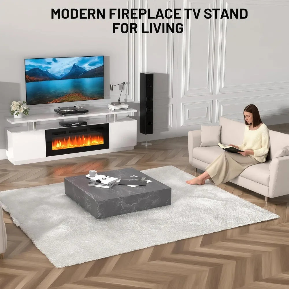 70" Fireplace TV Stand with 36" Electric Fireplace, LED Light Entertainment Center & Remote, for TVs Up to 80", 2-Tier Media