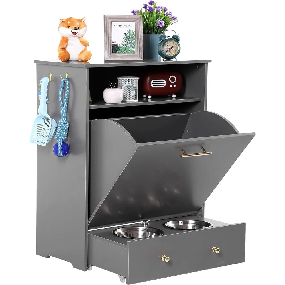 Pet Feeder Station Storage Cabinet with Removable Bowls Hanger Dog Supplies Durable MDF Design Easy Assembly