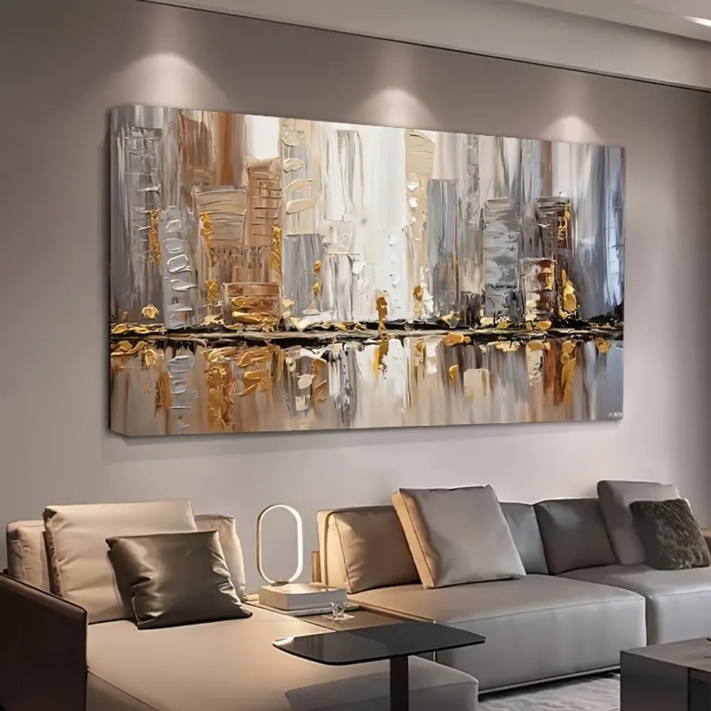 Large modern abstract oil painting, 1.5 inch thick pine frame - elegant Art Deco style - neutral tones with gold accents