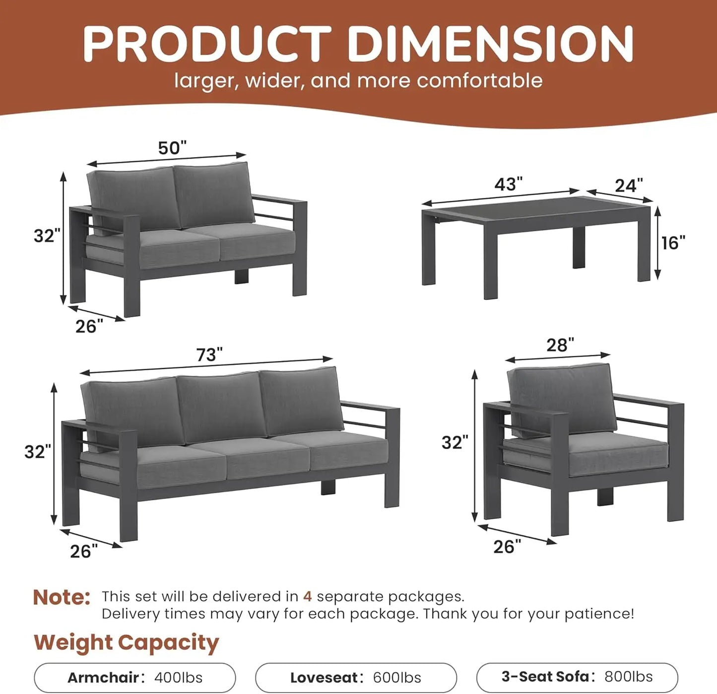 7 Seats Patio Furniture Set, Metal Sectional Sofa with Upgrade Cushion and Coffee Table, Dark Grey