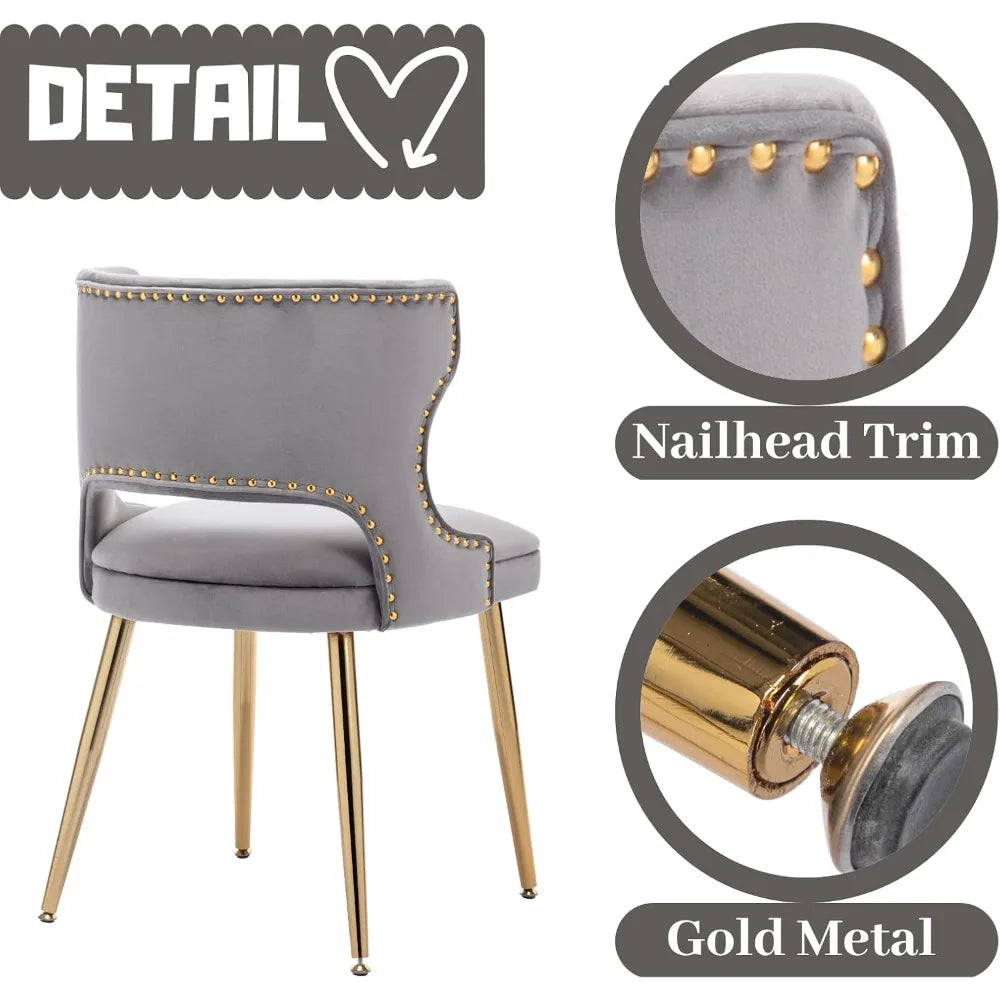 Grey Velvet Dining Chairs with Gold Legs Upholstered Dining Room Chairs Set of 2 Mid Century Modern Accent Chairs with Back Nail