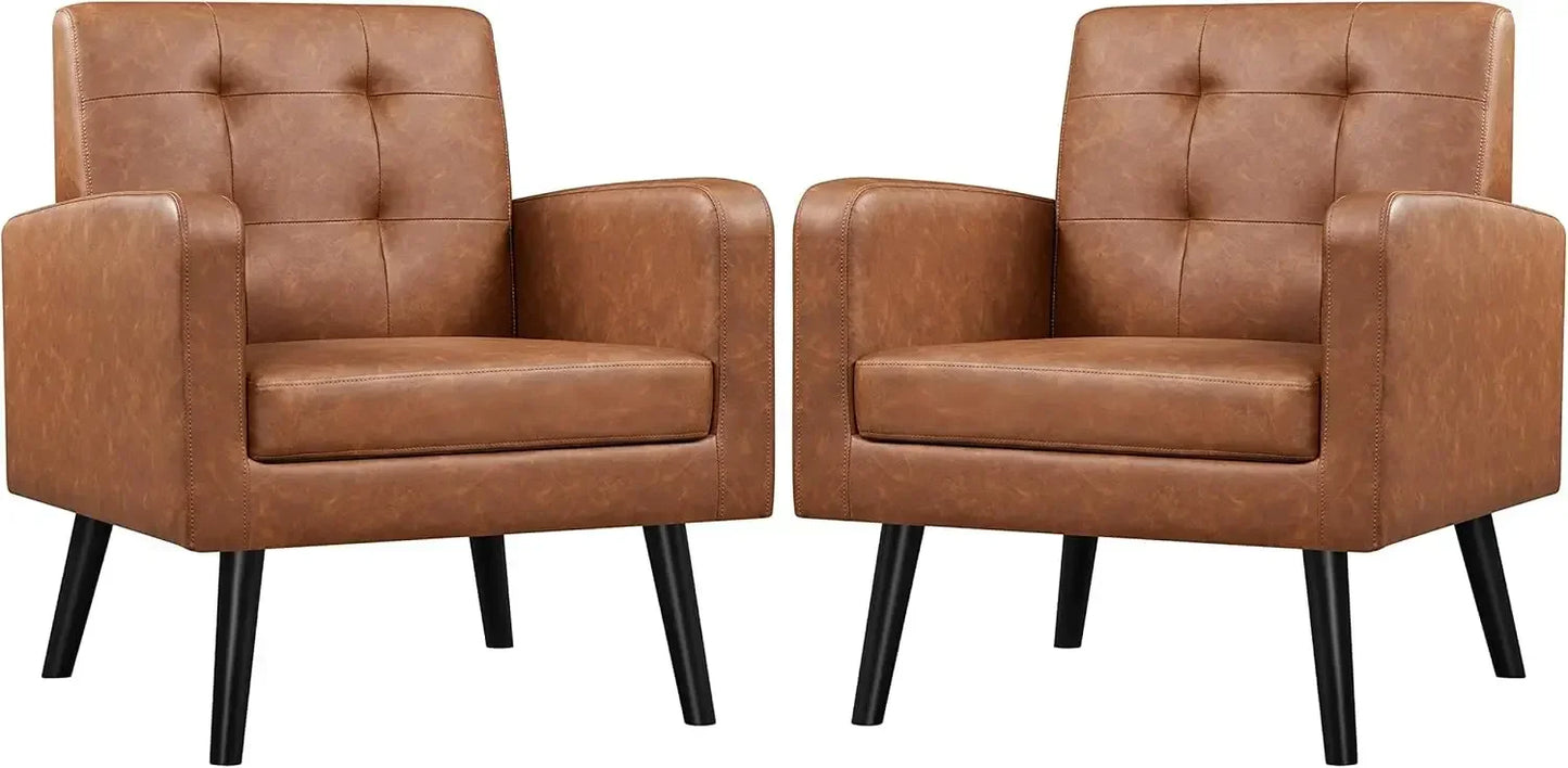 Mid-Century Style Armchair, Modern Upholstered Living Room Chair with Button Tufted Back and Solid Wood Legs