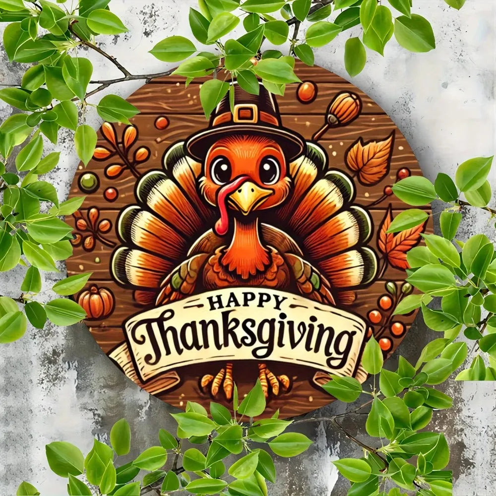 Happy Thanksgiving Aluminum Alloy Wall Art with Whimsical Turkey, Autumn Leaves & Pumpkins Design - Home, Cafe, Bar Wall