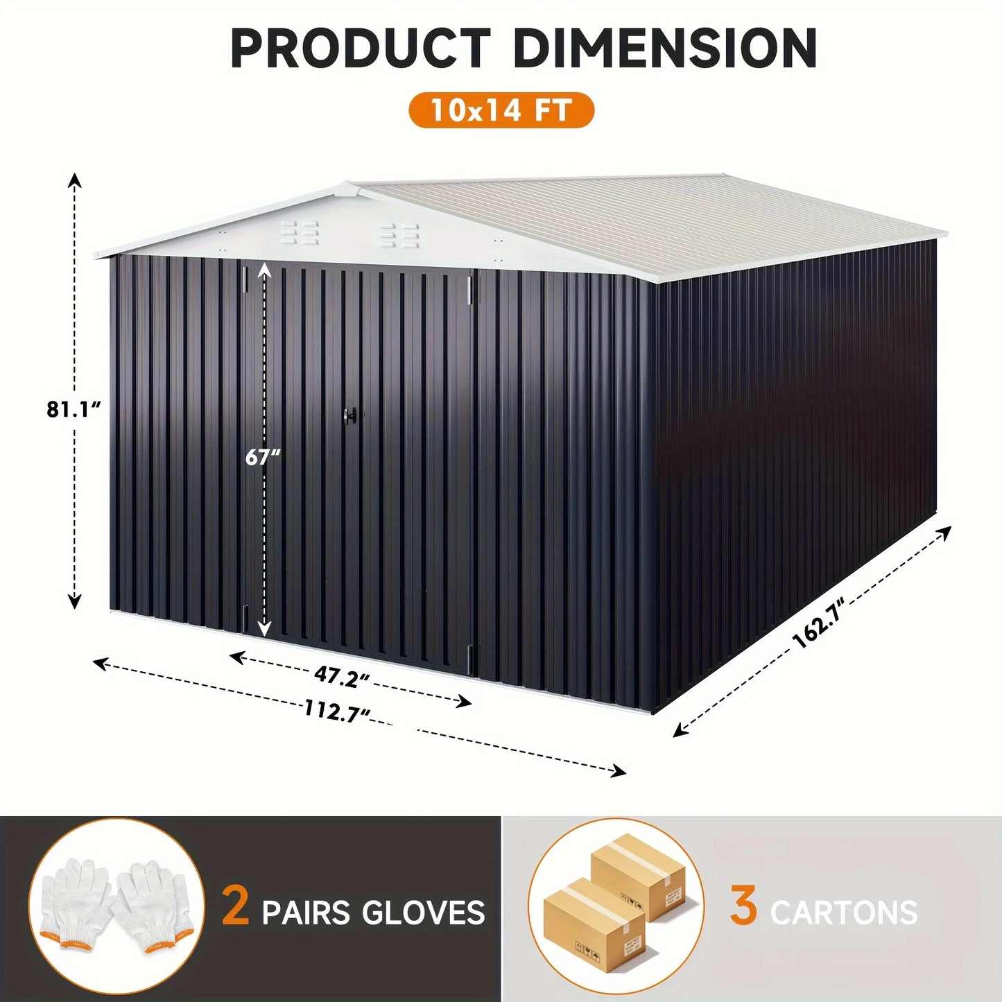 10x12/12x14FT Galvanized Steel Storage Shed Heavy Duty Lockable Hasp Door Black/White Roof Garden Tool Shed for Backyard Patio