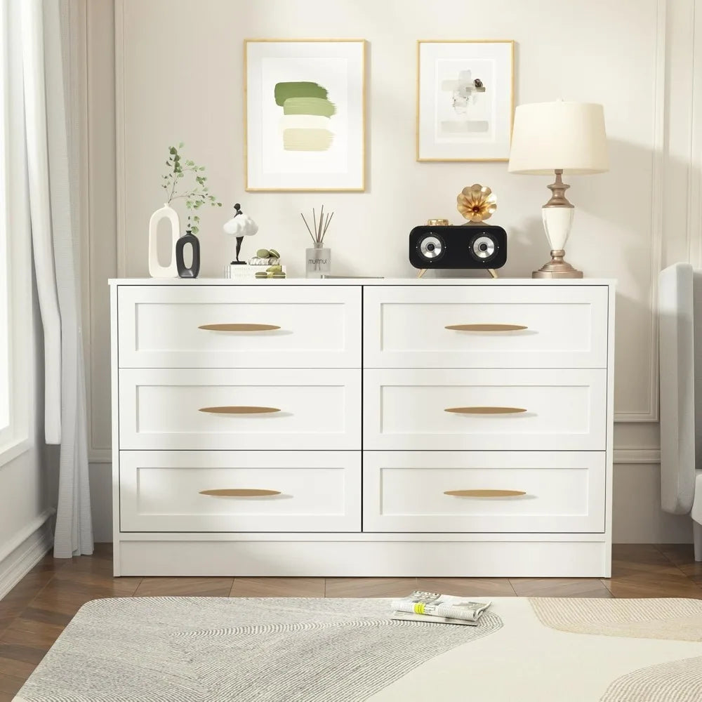 6 Drawer Dresser White and Gold, Tall Dresser , Wood Storage Cabinet