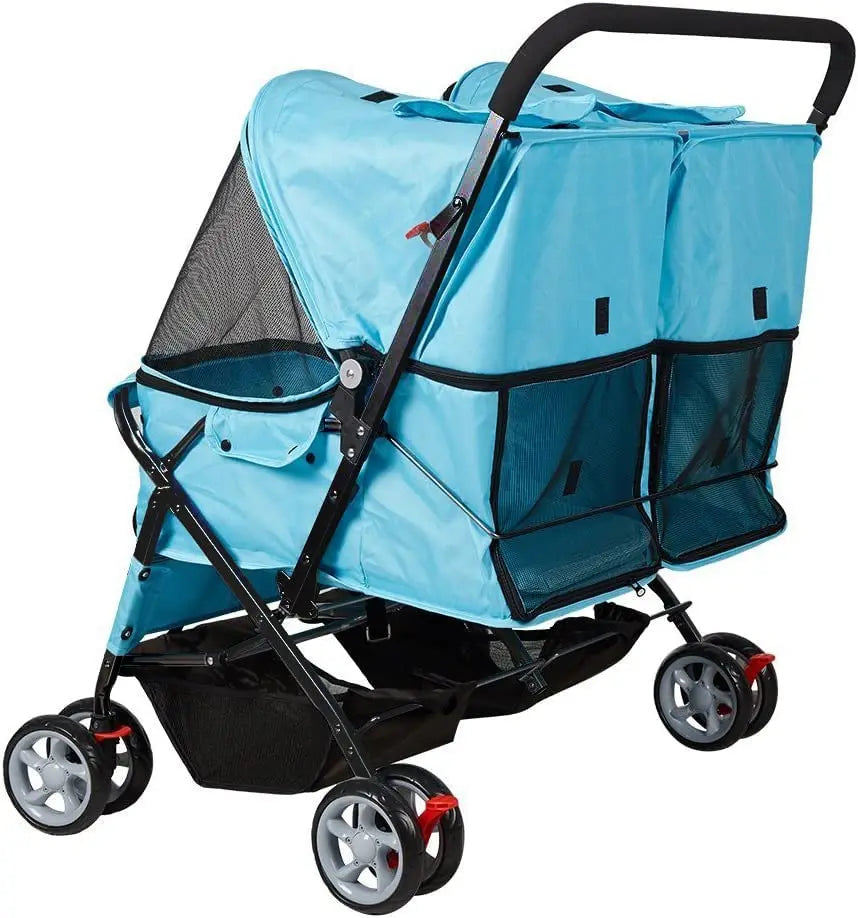 Double Pet Stroller, Foldable Double Dog Stroller for 2 Dogs Cats with 4 Wheels, Twin Walk Jogger Travel Pet Carriage Cart