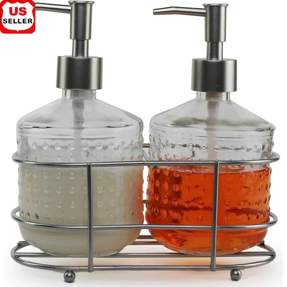 Metal Caddy Dispenser Bottle Pumps Set of 2 Stylish Glass Bathroom Accessories