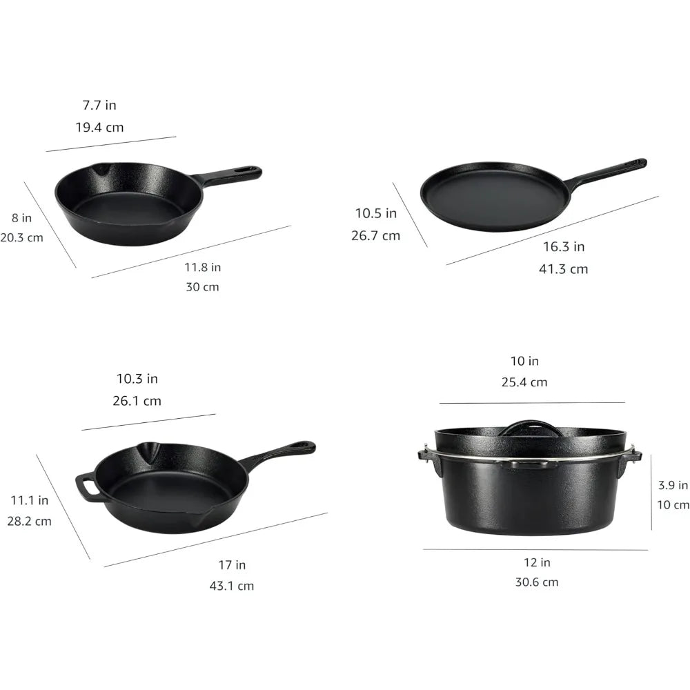 cast iron Pre-Seasoned Cast Iron 5 Pieces Kitchen Pots and Pans Cookware Set, Black, 14.17 x 12.2 x 10.63 in