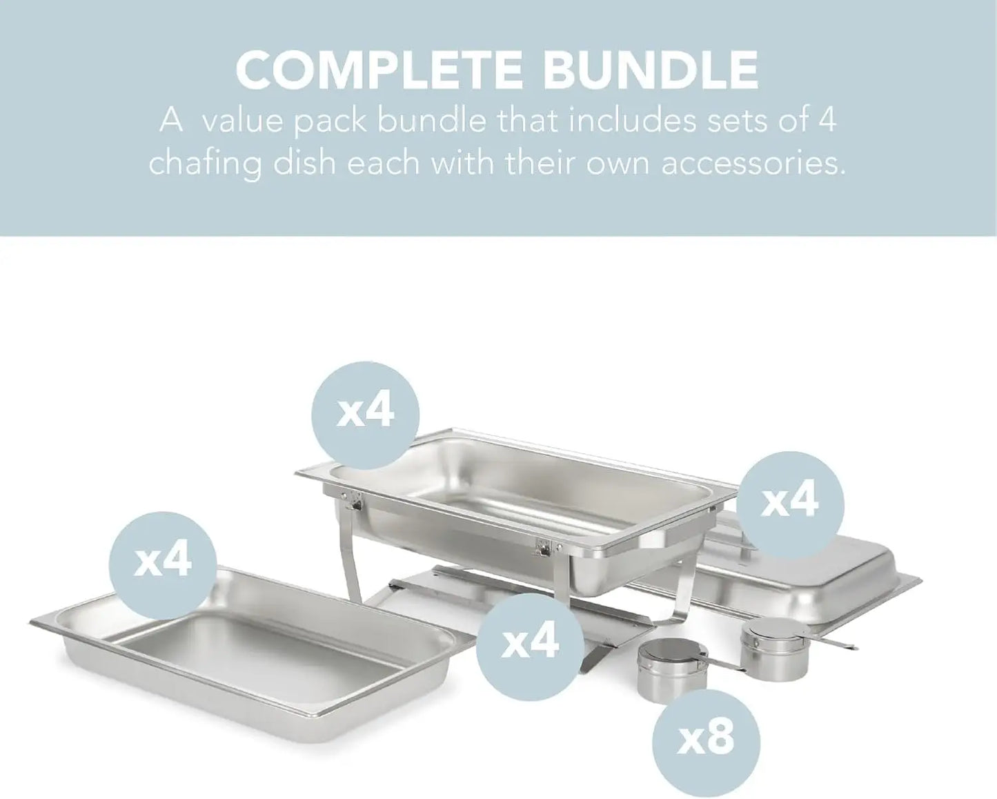 4 Pack 9.5QT Chafing Dish Full Set – Stainless Steel Catering Chafer with Lids, Pans & Fuel Holders – Buffet Food Warmers