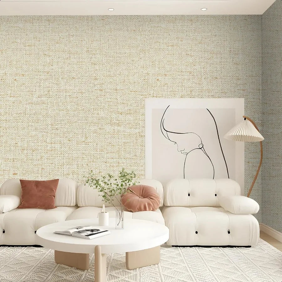 Wallpaper, Beige Grass cloth Waterproof Peel and Stick 15.75inchx118.11inch Self Adhesive Removable Wallpaper