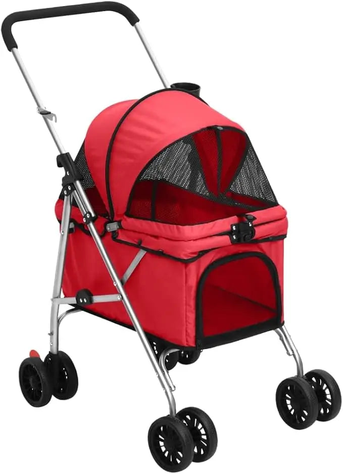 Folding Dog Stroller For Small To Medium Pets Red With UV Protection And Breathable Oxford Fabric