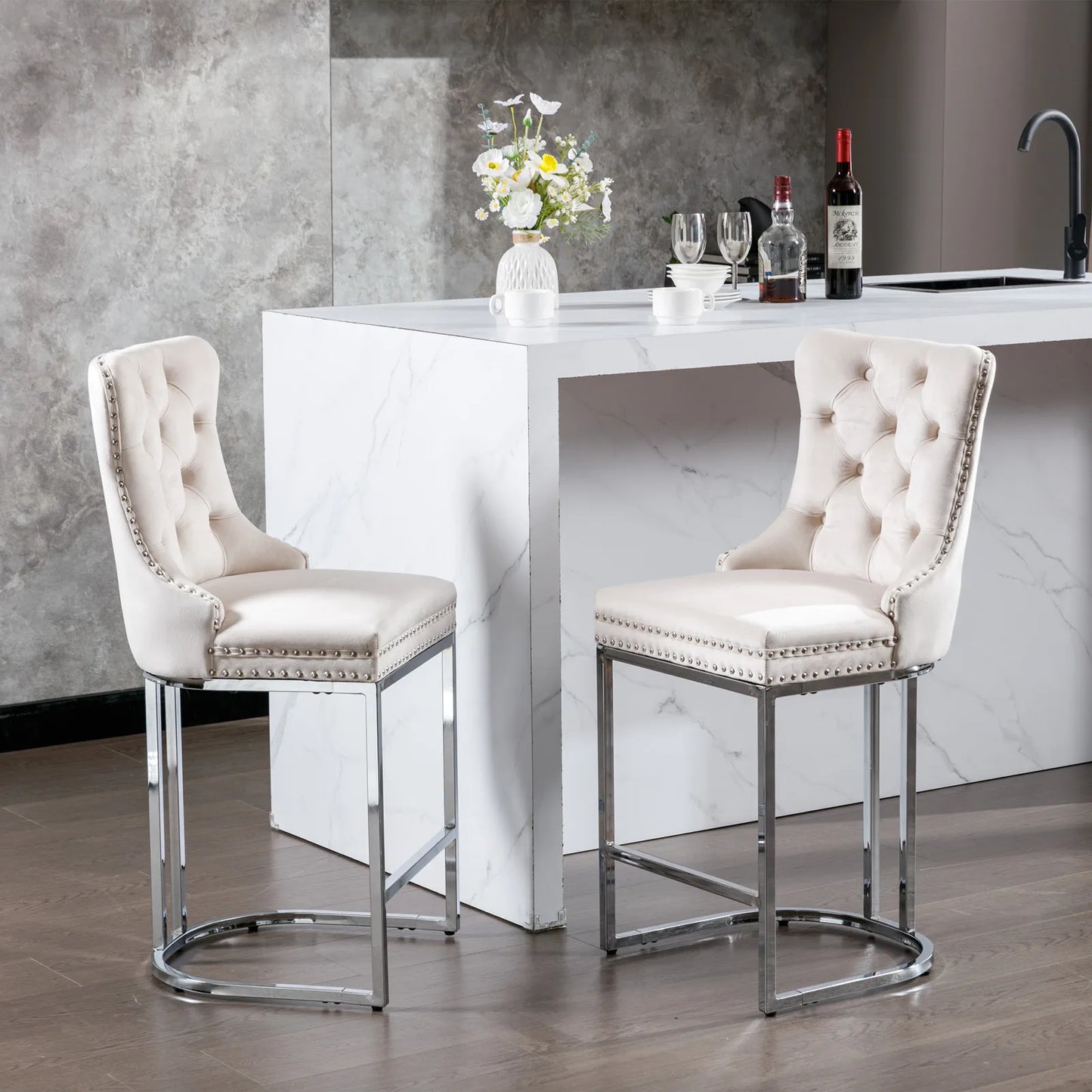 2Pcs 26" Counter Height Dining Chairs Upholstered Soft Backrest Cushions Chairs Bar Stools For Kitchen Dining Room