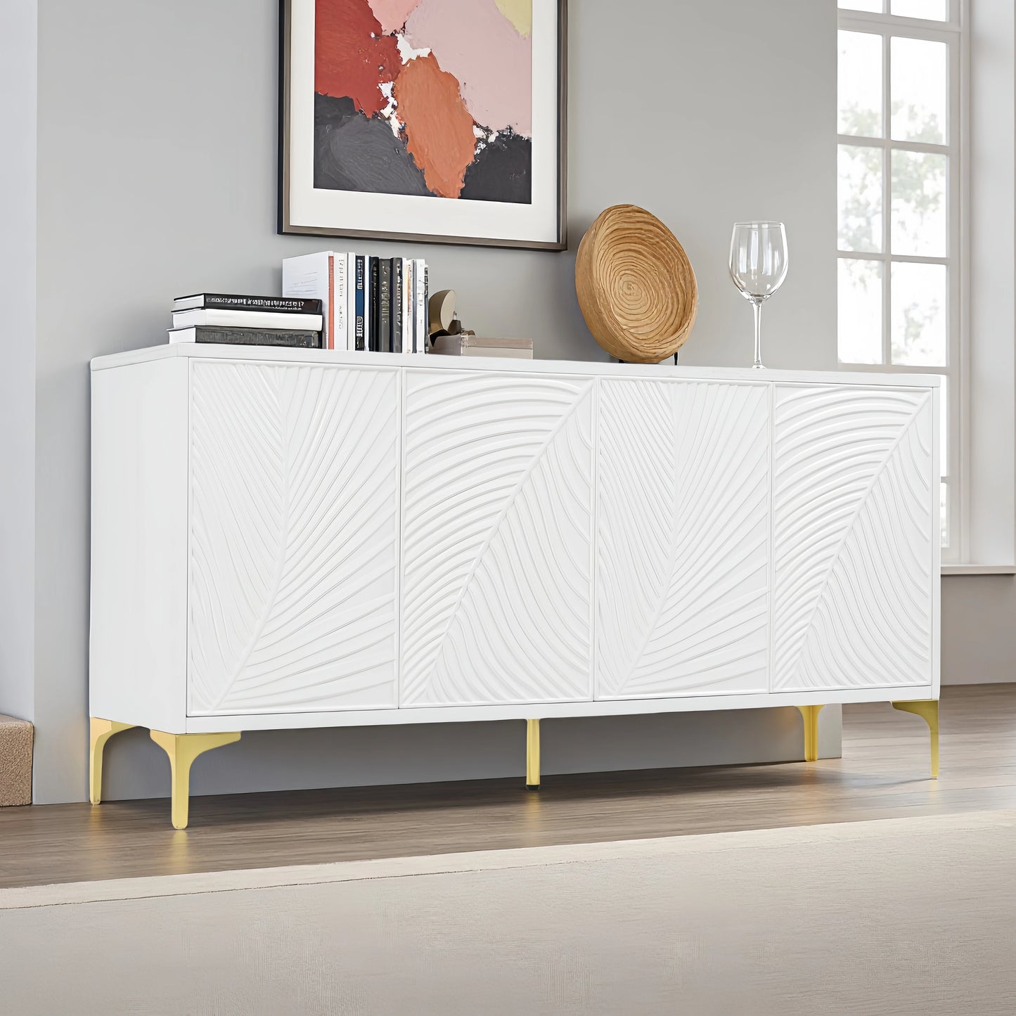 Modern 4-door Sideboard with Creative carved and shaped surface and Adjustable Shelves, Suitable for Study, Living Room