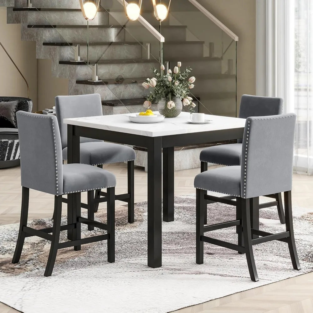 Modern Counter Height Dining Table Set for 4, Faux Marble Top Square Dining Table with 4 Velvet Upholstered Chairs, 5 Piece Coun