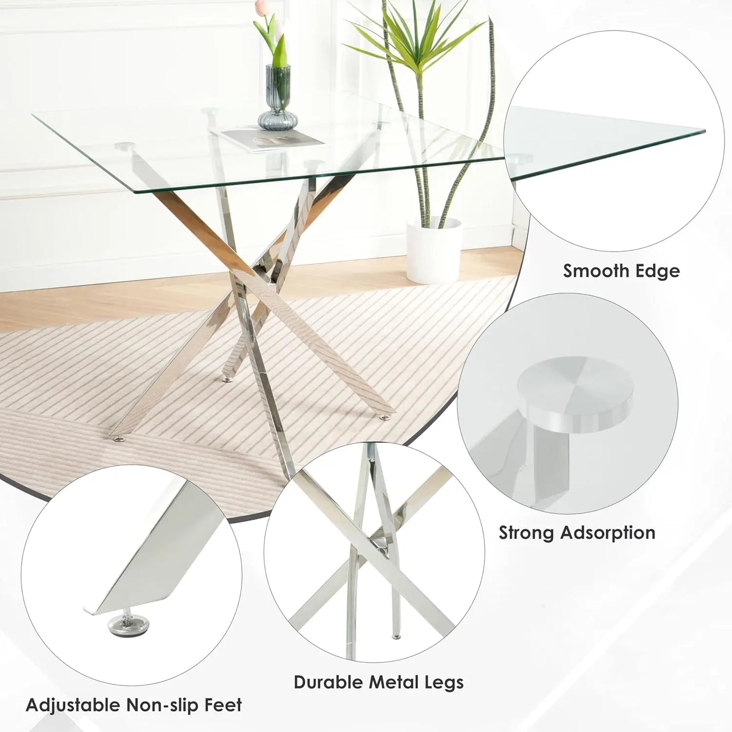 5 Piece Silver Luxury Glass Dining Set, Modern Minimalist Table Set for 4, 36'' Clear Square Glass Top Dining Room Set