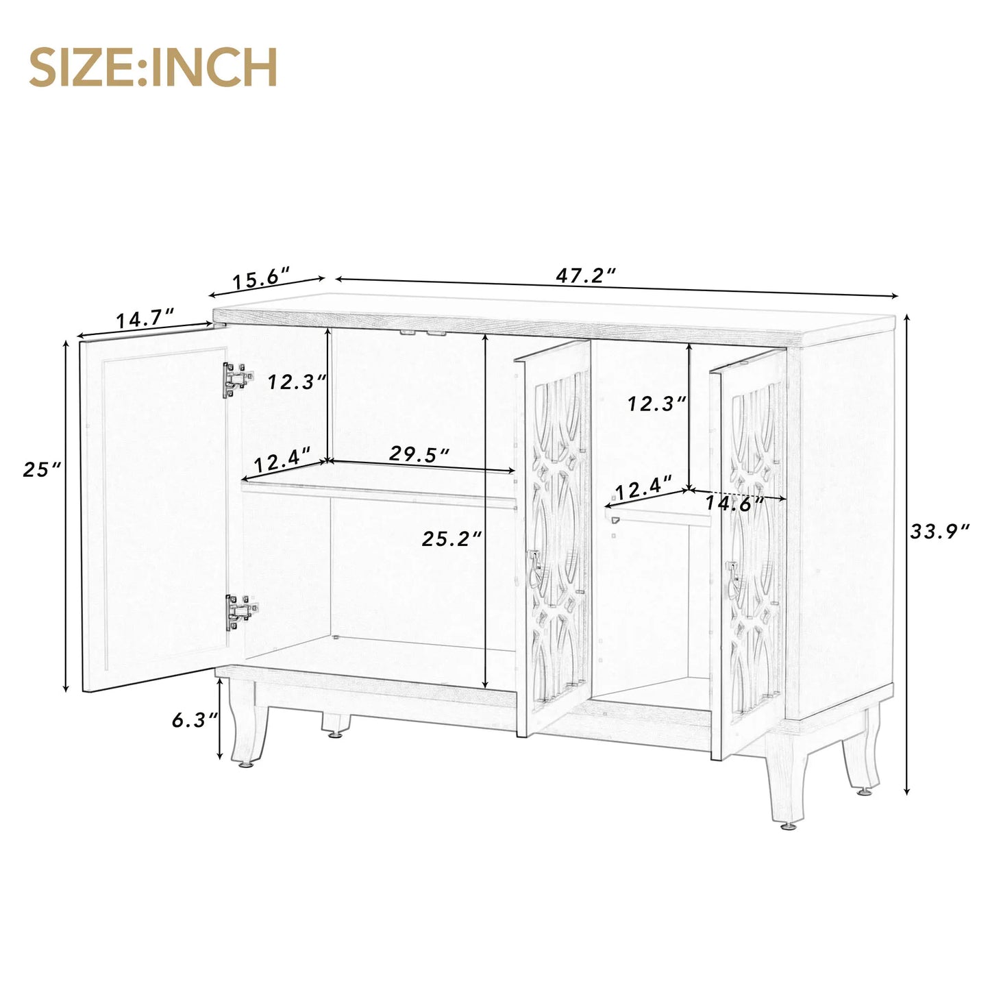 Sideboard with Glass Doors, 3 Door Mirrored Buffet Cabinet with Silver Handle for Living Room, Hallway, Dining Room (Black)