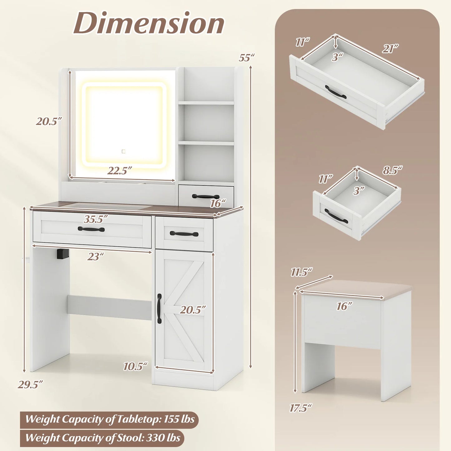 Vanity Desk w/ Mirror & Power Outlets Dressing Table w/ 3 Color lighting