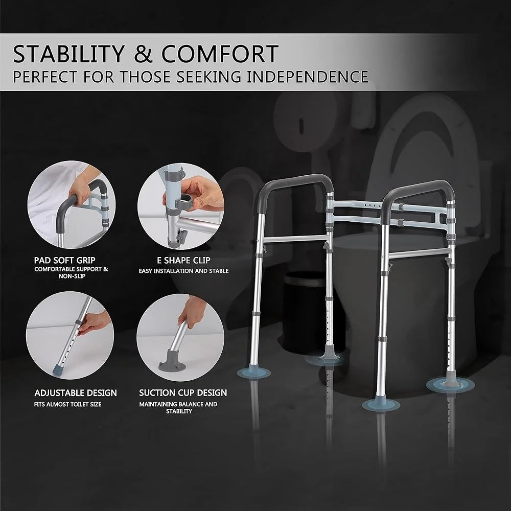 Adjustable Toilet Safety Rails Foldable Handicap Toilet Frame with Strong Suction Cup Handles Elderly Seniors Disabled Users