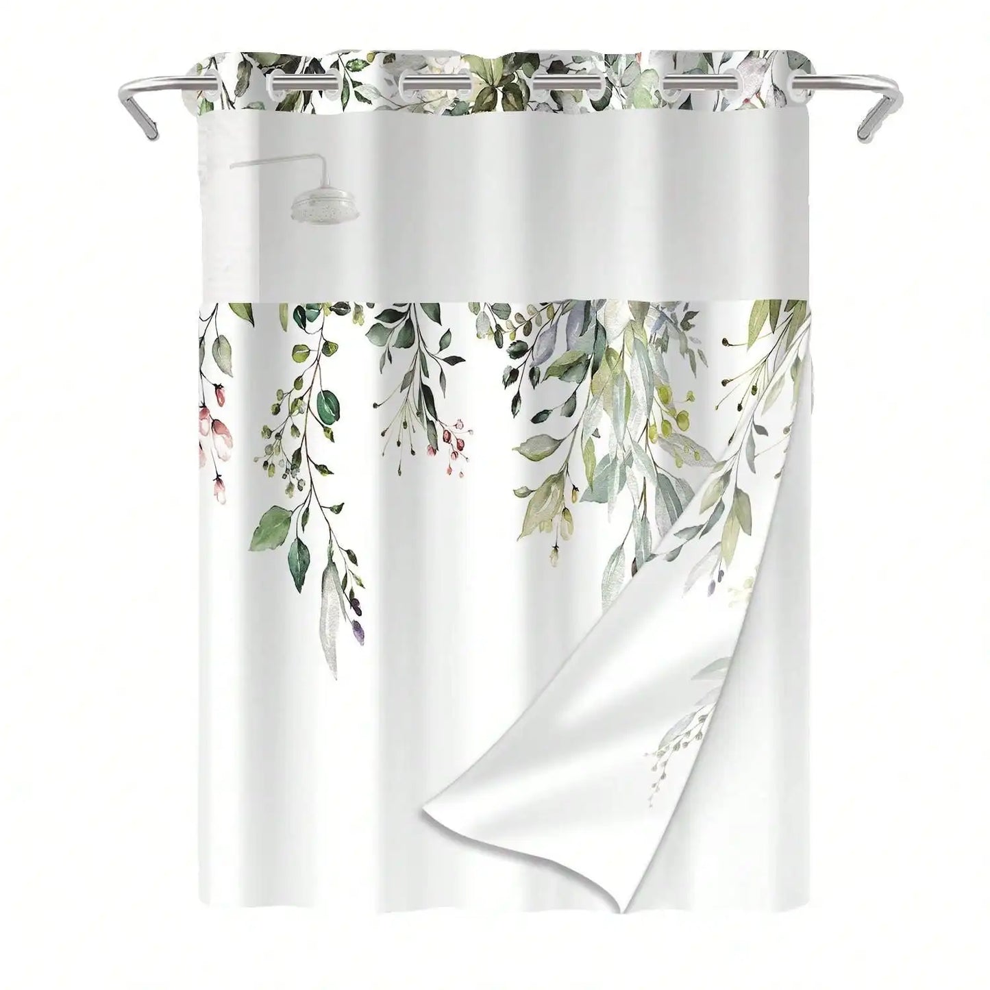 Plants Pattern No Hook Waterproof Shower Curtain, Removable