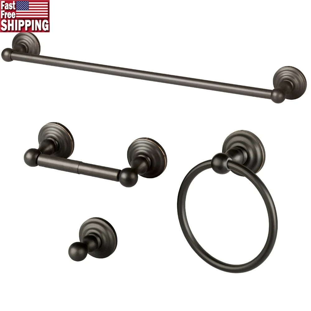 4-Piece Bathroom Accessory Set Oil Rubbed Bronze Towel Bar Toilet Paper Holder Robe Hook Towel Ring Durable Zinc
