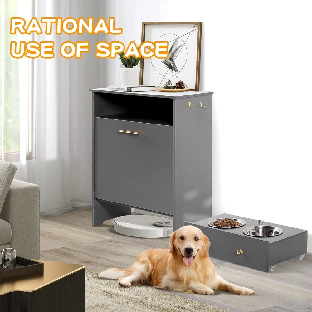 Pet Feeder Station Storage Cabinet with Removable Bowls Hanger Dog Supplies Durable MDF Design Easy Assembly