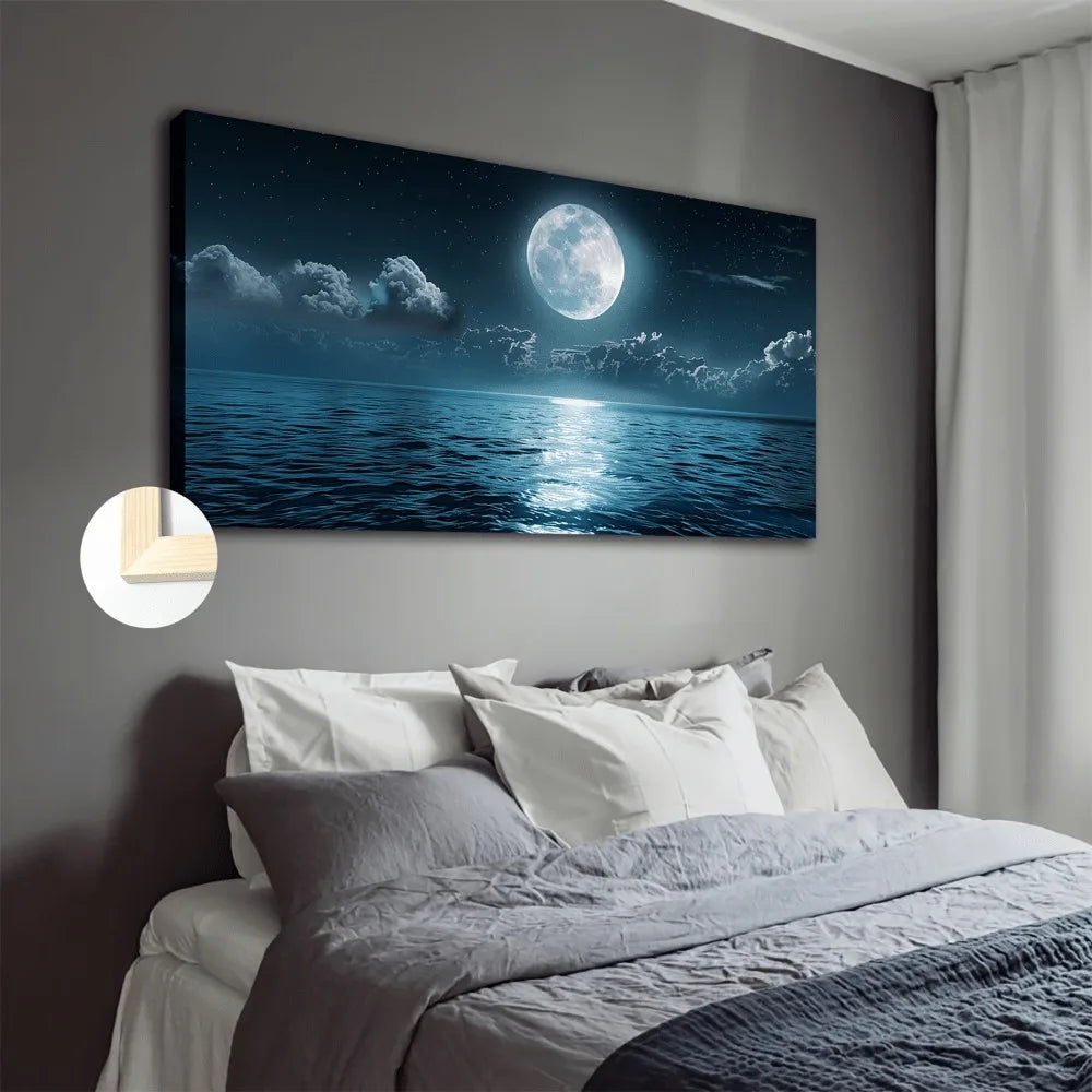 Moonlight Ocean Beach Night View Canvas art print, fashion theme wall trim, interior trim, 1.5 inch thickness