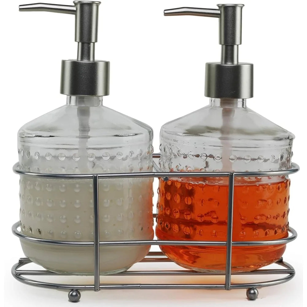 Metal Caddy Dispenser Bottle Pumps Set of 2 Stylish Glass Bathroom Accessories