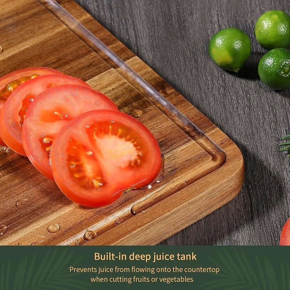 Wooden Cutting Boards Set of 3 Thick Chopping Board with Deep Juice Groove and Handles