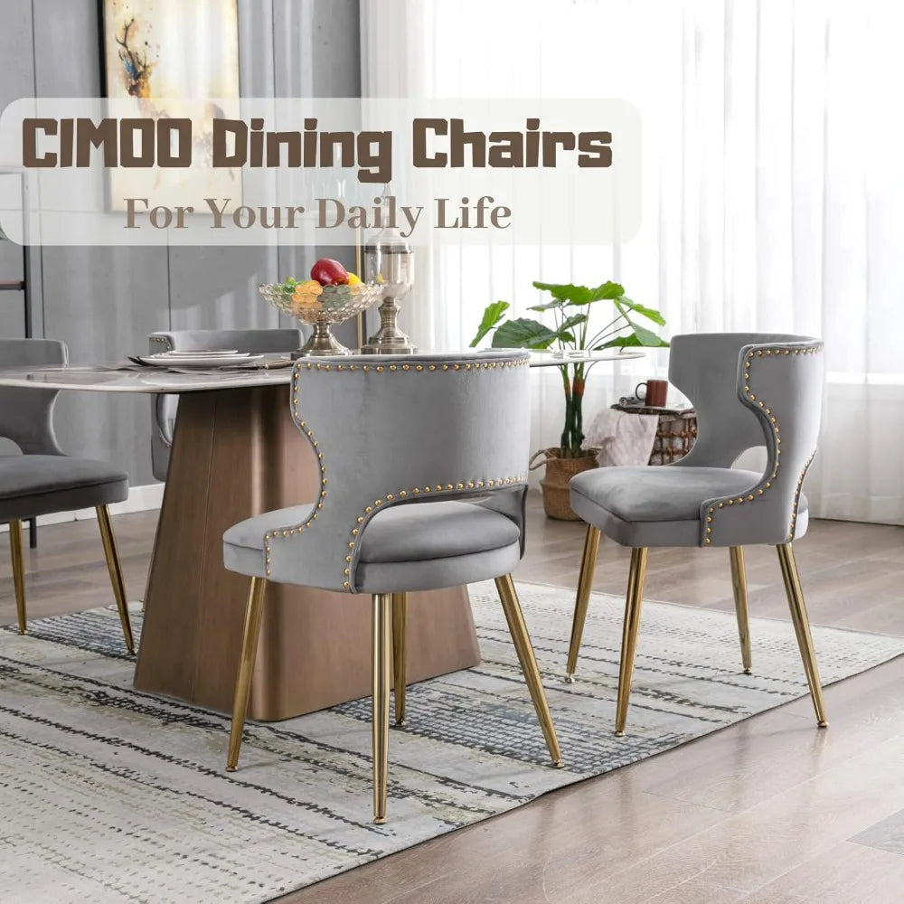 Grey Velvet Dining Chairs with Gold Legs Upholstered Dining Room Chairs Set of 2 Mid Century Modern Accent Chairs with Back Nail