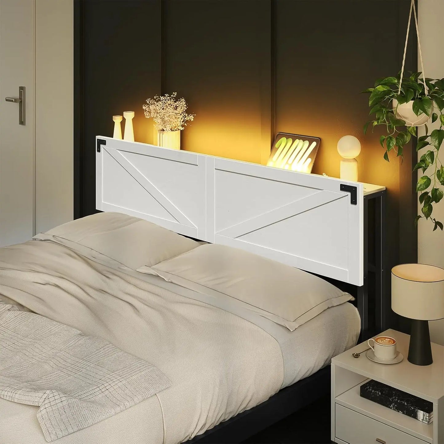 King Size Headboard with USB Ports, LED Lights, Storage Shelf and Bed Frame Adapter in White/Black