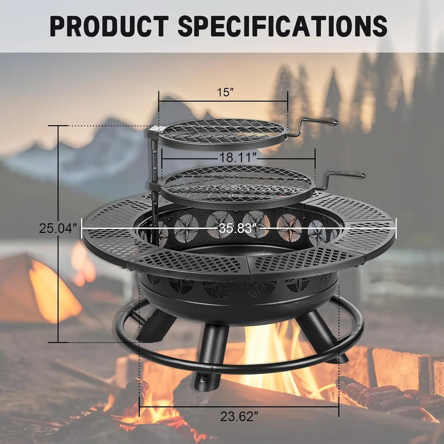 36 Inch Fire Pit with 2 Cooking Grills,Outdoor Wood Burning BBQ Firepit with Lid, 3-in-1 Outdoor Fire Pit