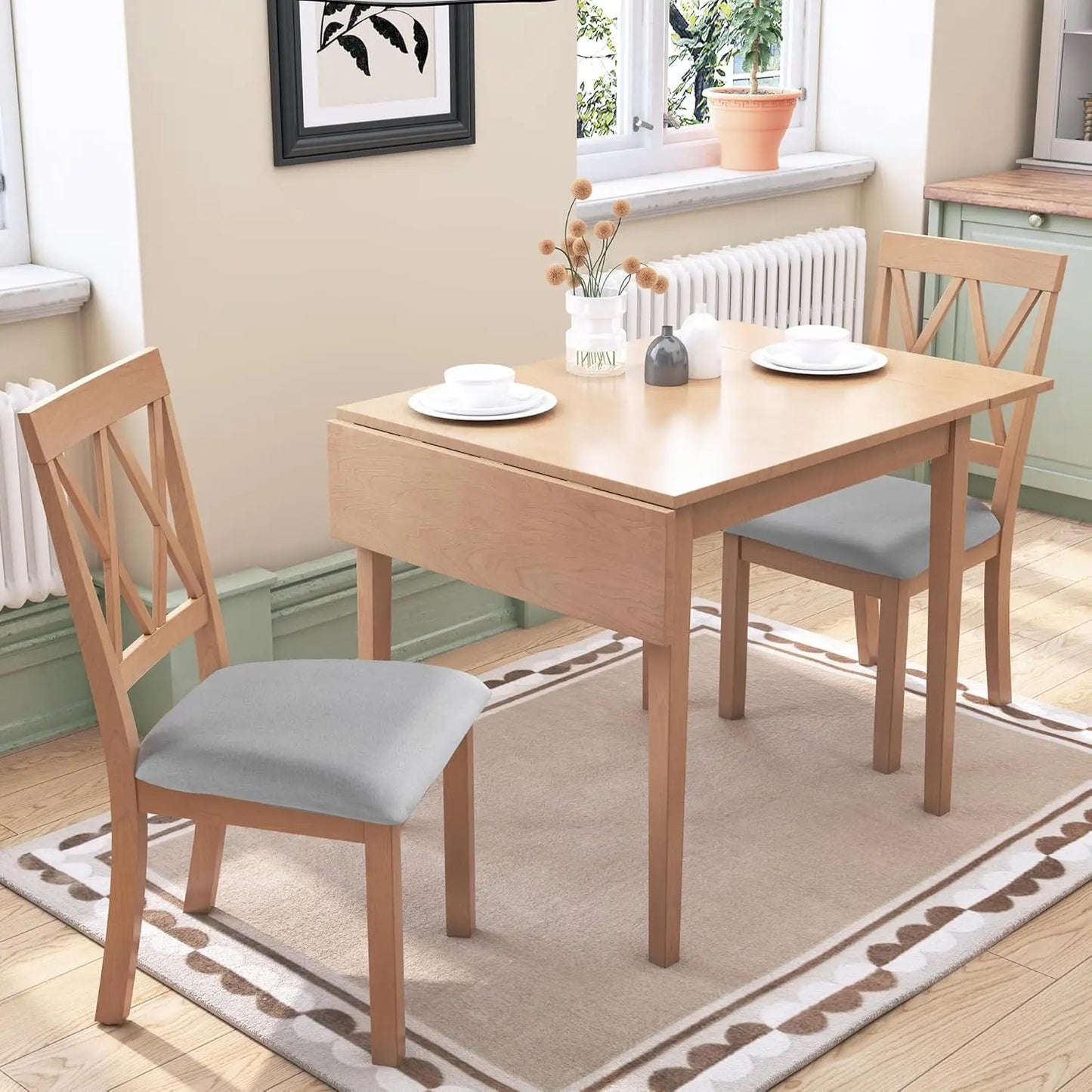 3-Piece Set – Drop-Leaf Table & 2 Upholstered Chairs, Wooden Dining Set for Small Spaces