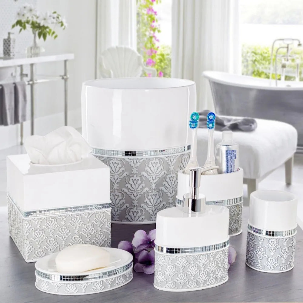 6 Piece Mirror Damask White and Gray Bathroom Accessories Set