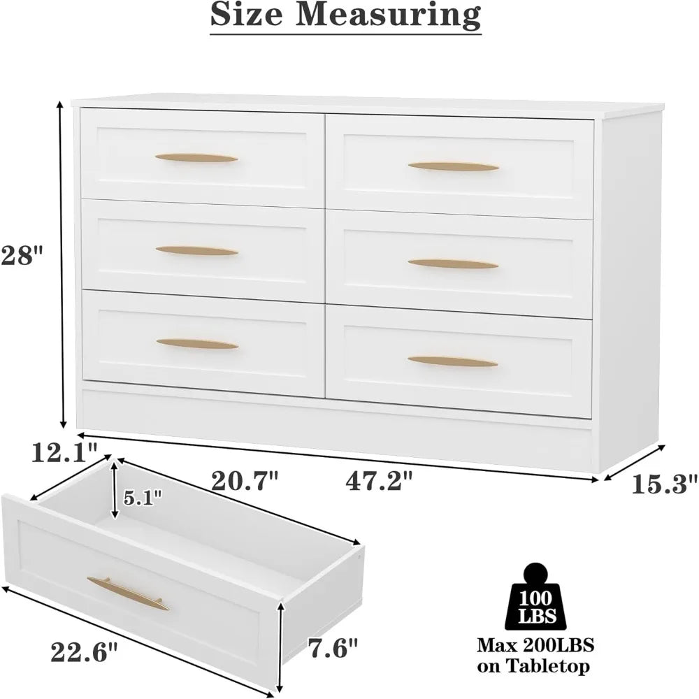 6 Drawer Dresser White and Gold, Tall Dresser , Wood Storage Cabinet