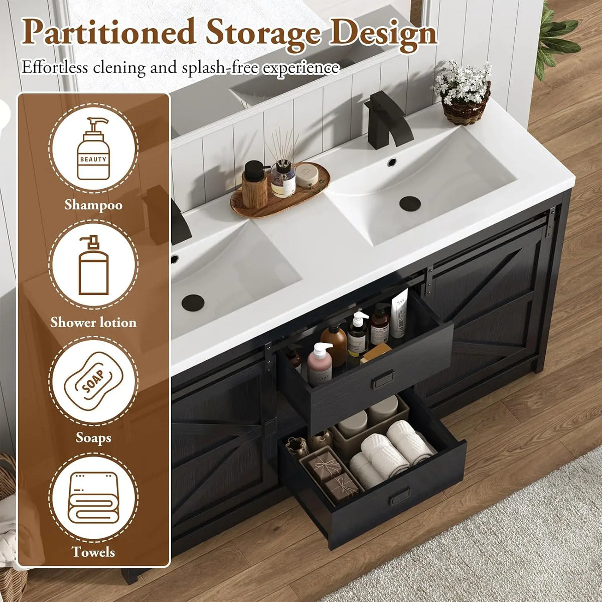 Double Bathroom Vanity with Sink & Faucet & Sewer Pipes,59" Farmhouse Bathroom Vanity Cabinet Set with 3 Storage Drawers &