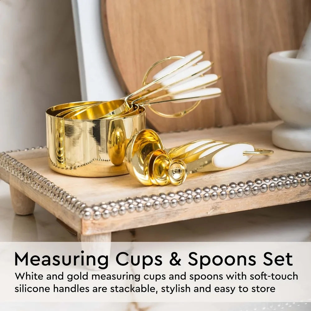 White and Gold Kitchen Utensils Set - 23-Piece Gold Kitchen Accessories Include Measuring Cups and Spoons Set, Silicone Utensils