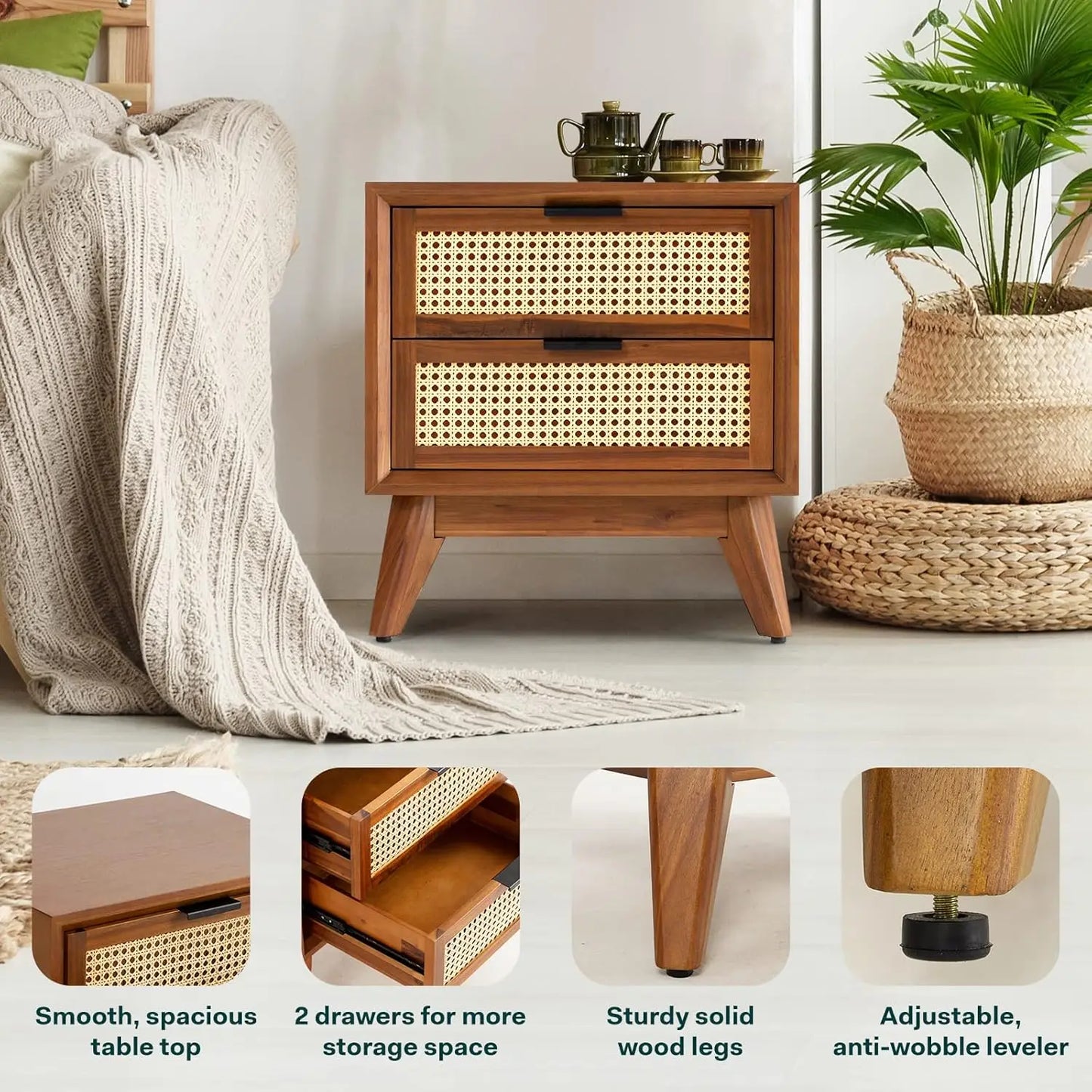 Jasper Fully Assembled Mid Century Solid Wood Rattan Nightstand