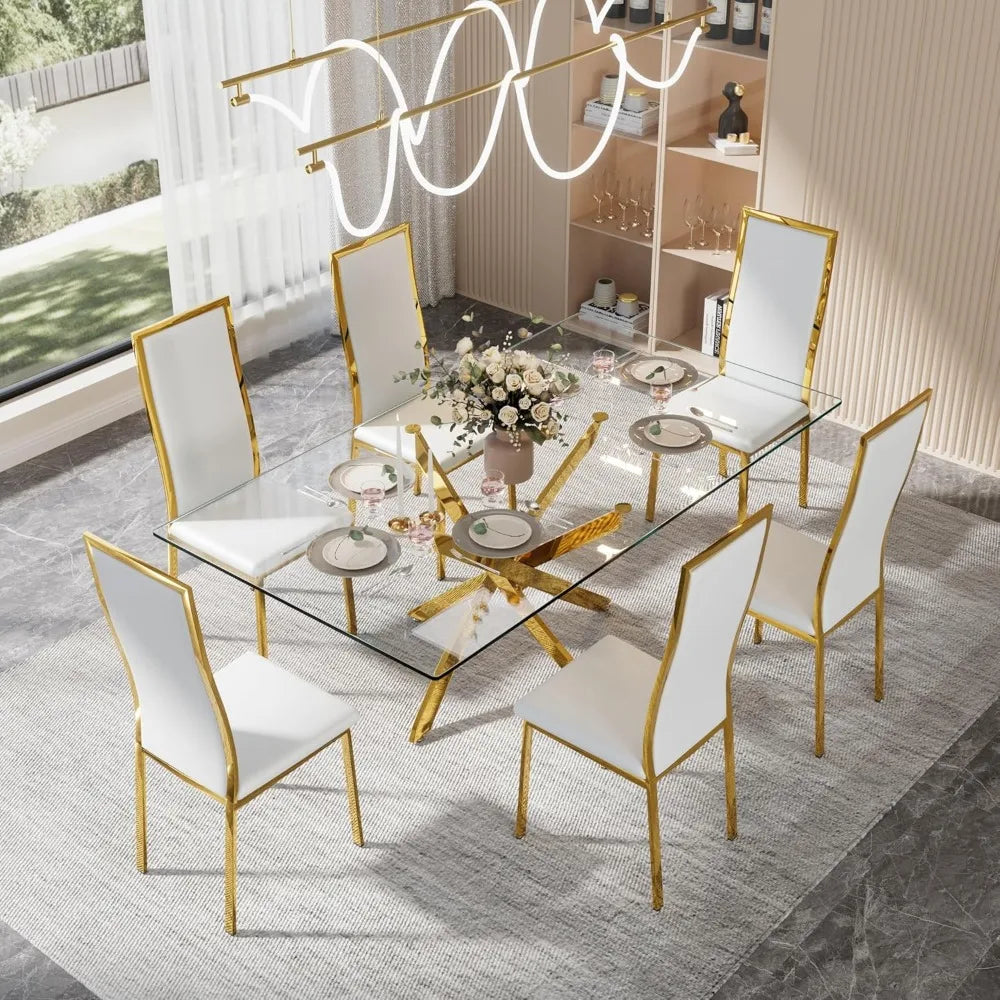 Modern Dining Chairs Set of 4 White Faux Leather with Chrome Gold Metal Legs, Curved High Back Design & Cloud Cushioning, Mid-Ce