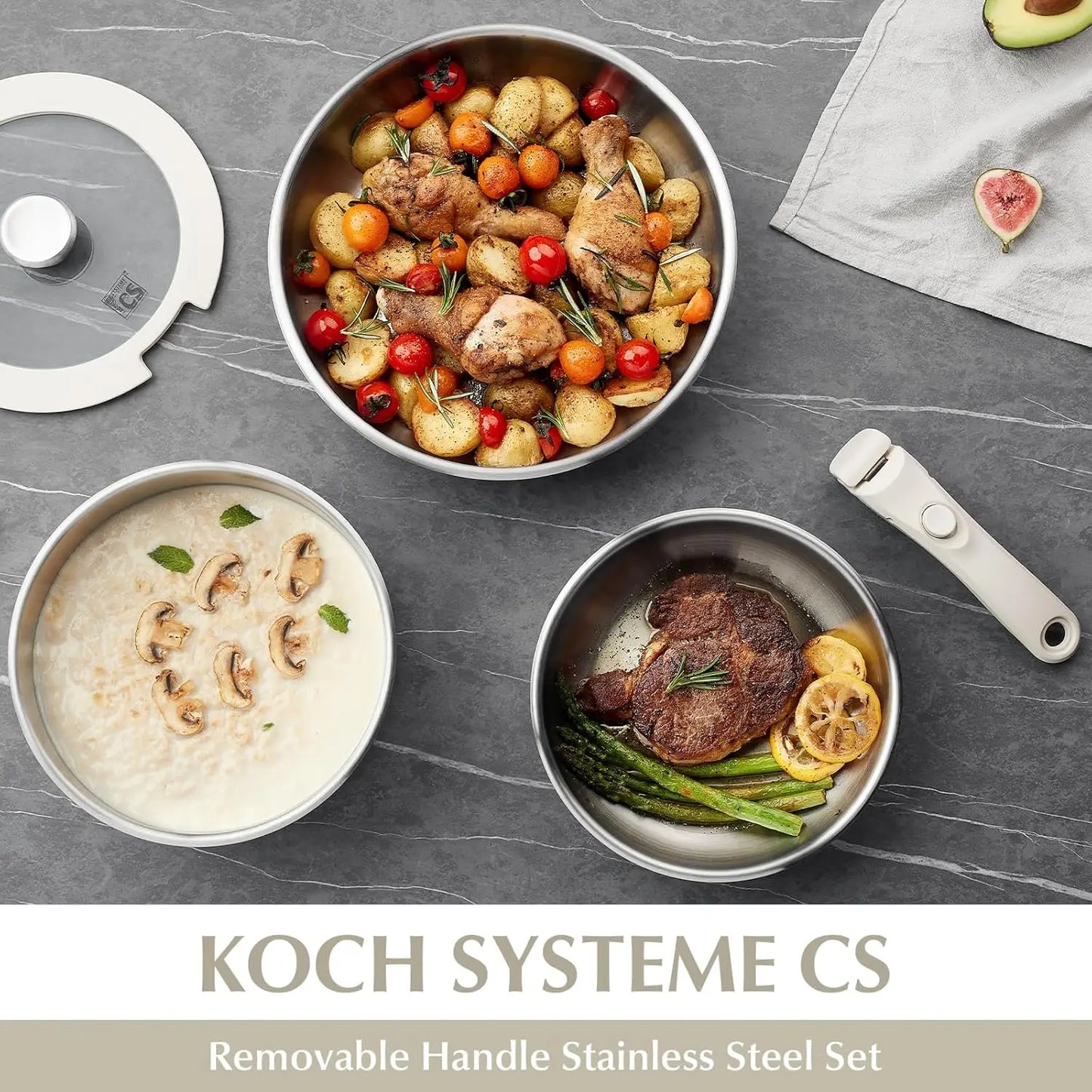 KOCH SYSTEME CS Stainless Steel Pots and Pans Set, 7 Piece Stainless Steel Cookware Set with Detachable Handle