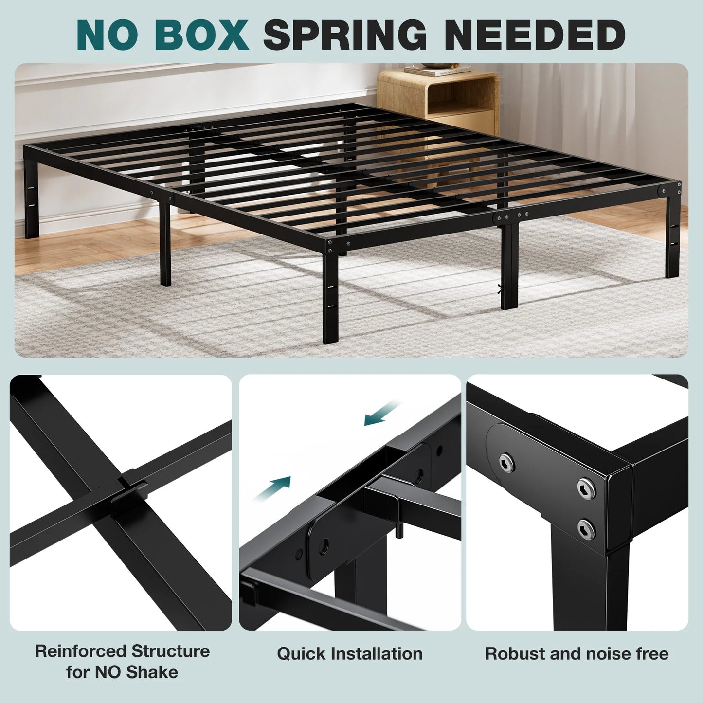 Twin Full Queen King Size Bed Frame Metal Platform Bedroom Frames with Storage Space Sturdy Steel Slat Support 350LBS