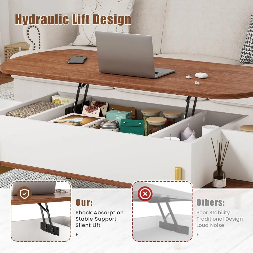 48" Oval Lift Top Coffee Table with Storage, Metal Legs & Hidden Compartment